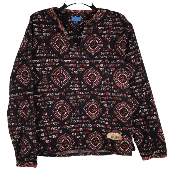 Veda Tunic Top Waffle Knit Long Sleeve Black Red Cream Graphic Print Size Large - Picture 1 of 5